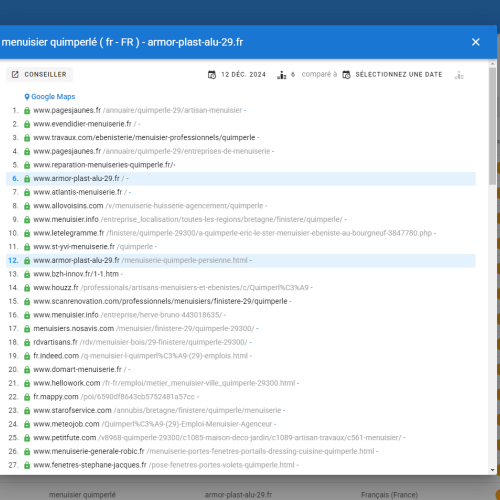 Le site armor-plast-alu-29.fr se positionne en 1re page de Google pour le mot-clé ' menuisier Quimperlé '