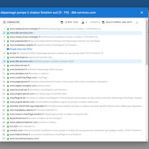 Le site dbk-services.com se positionne en haut de Google pour le mot-clé ' dépannage pompe à chaleur Finistère sud '