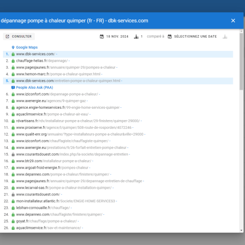 Le site dbk-services.com se positionne en haut de Google pour le mot-clé ' dépannage pompe à chaleur Quimper '