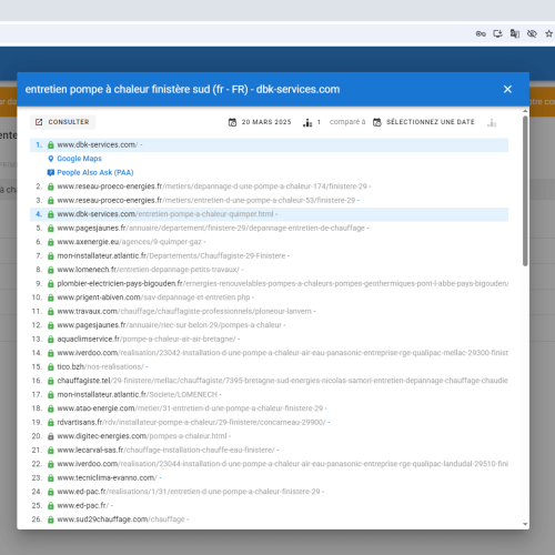 Le site dbk-services.com se positionne en haut de Google pour le mot-clé ' entretien pompe à chaleur Finistère sud '