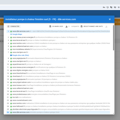 Le site dbk-services.com se positionne en haut de Google pour le mot-clé ' installateur pompe à chaleur Finistère sud '