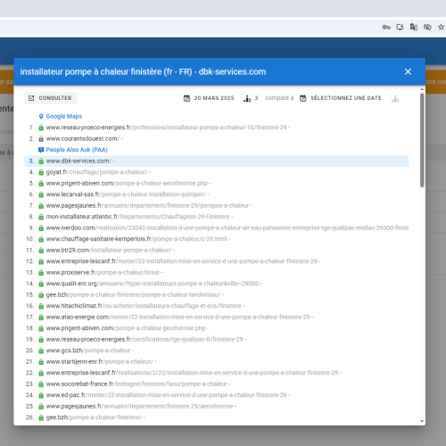 Le site dbk-services.com se positionne en haut de Google pour le mot-clé ' installateur pompe à chaleur Finistère '