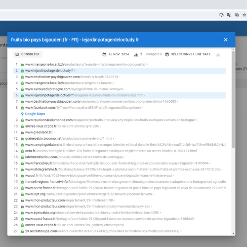 Le site lejardinpotagerdeloctudy.fr se positionne en haut de Google pour le mot-clé ' fruits bio Pays Bigouden '