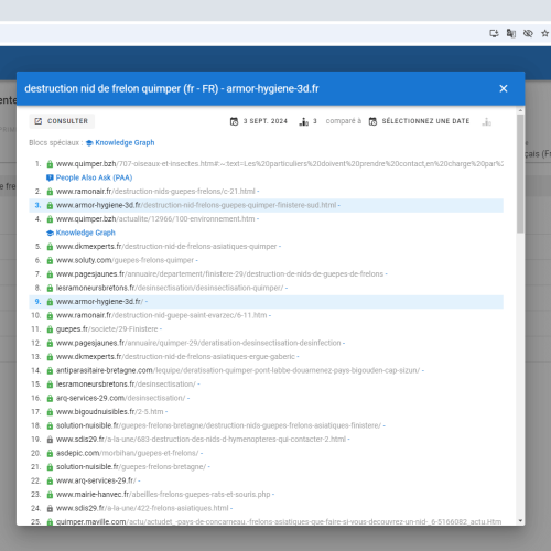 Le site armor-hygiene-3d.fr se positionne en haut de Google pour le mot-clé ' destruction nid de frelons Quimper '