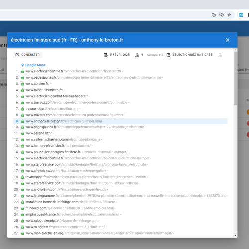 Le site anthony-le-breton.fr se positionne en 1re page de Google pour le mot-clé ' électricien Finistère sud '