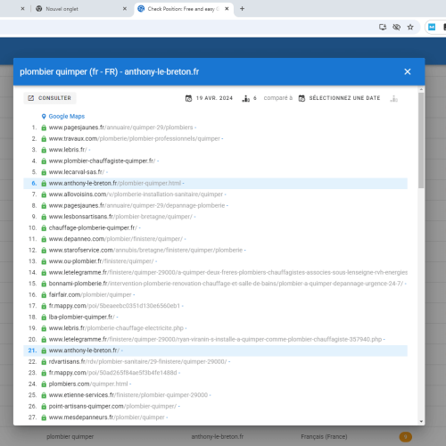 Le site anthony-le-breton.fr se positionne en 1re page de Google pour le mot-clé ' plombier Quimper '