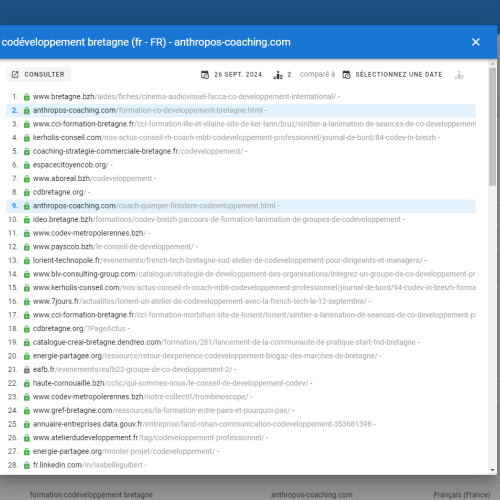 Le site anthropos-coaching.com se positionne en haut de Google pour le mot-clé ' codéveloppement Bretagne '