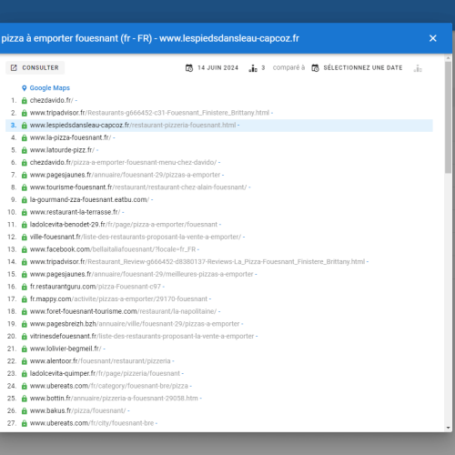 Le site lespiedsdansleau-capcoz.fr se positionne en haut de Google pour le mot-clé ' pizza à emporter Fouesnant '