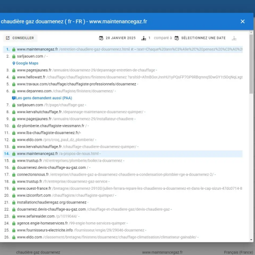 Le site maintenancegaz.fr se positionne en haut de Google pour le mot-clé ' chaudière gaz Douarnenez '